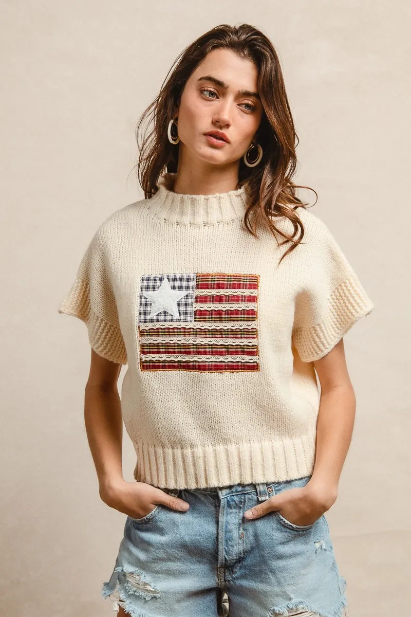 BiBi American Flag Patchwork Drop Shoulder Sweater - Tops by Trendsi | Available at Handbags Specialist Headquarter