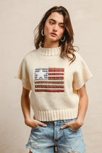 BiBi American Flag Patchwork Drop Shoulder Sweater - Tops by Trendsi | Available at Handbags Specialist Headquarter