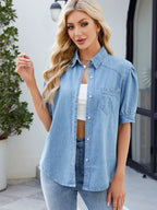 Button Up Short Sleeve Denim Shirt - Tops by Trendsi | Available at Handbags Specialist Headquarter