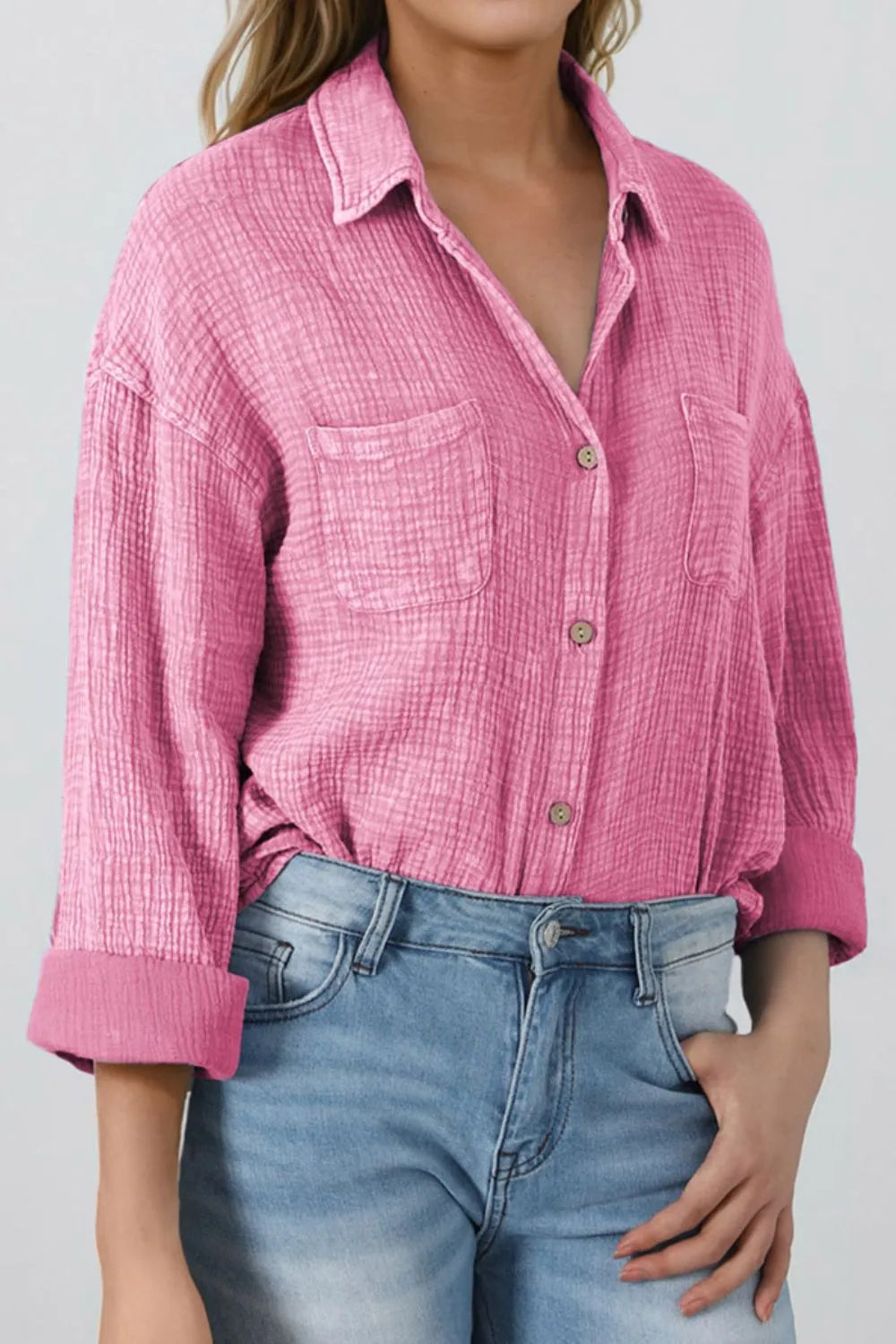 Button Down Collared Neck Long Sleeve Shirt - Women's Down Shirt Tops by Trendsi | Available at Handbags Specialist Headquarter