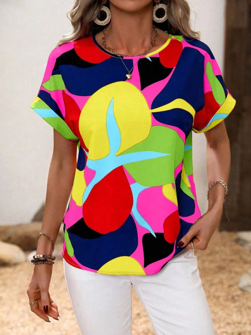 Contrast Round Neck Short Sleeve Blouse - Tops by Trendsi | Available at Handbags Specialist Headquarter