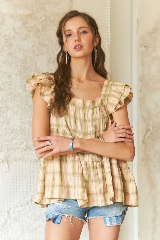 ADORA Ruffled Square Neck Cap Sleeve Babydoll Blouse - Tops by Trendsi | Available at Handbags Specialist Headquarter