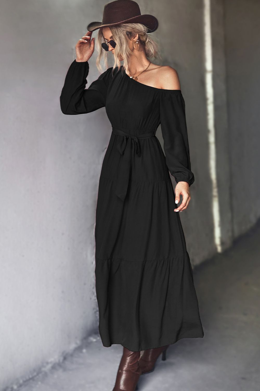 Belted One-Shoulder Tiered Maxi Dress - Maxi Dress by Trendsi | Available at Handbags Specialist Headquarter