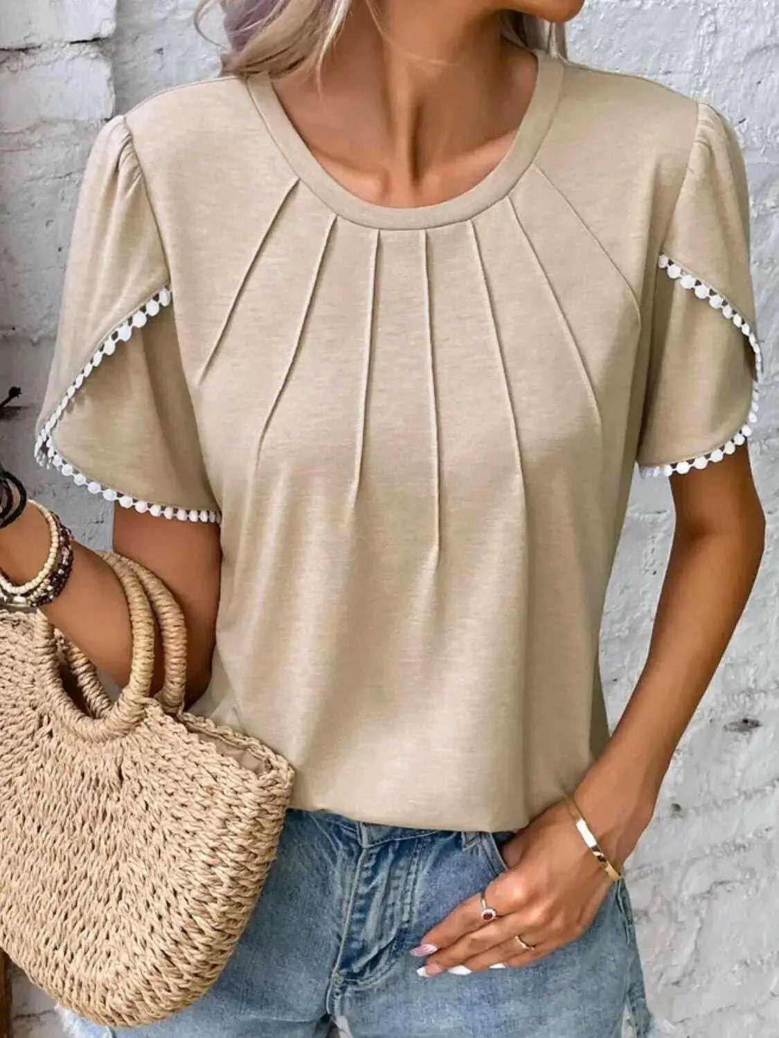 Full Size Round Neck Petal Sleeve Blouse Plus Size - Women Tops by Trendsi | Available at Handbags Specialist Headquarter