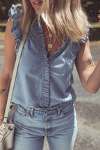 Frilly Ruffle Trim V Neck Chambray Tank - Women / Jeans & Denim by Trendsi | Available at Handbags Specialist Headquarter