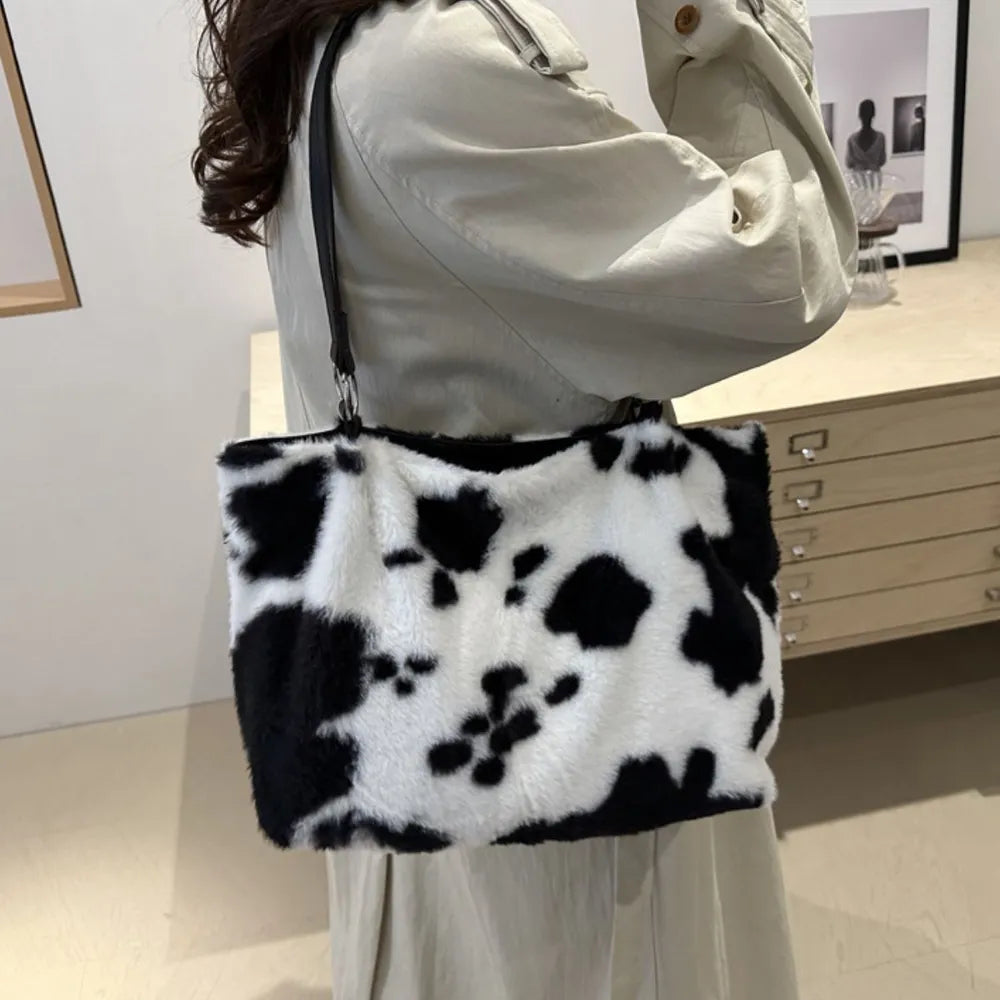 Cow Print Furry Tote Bag - Tote Bag by Trendsi | Available at Handbags Specialist Headquarter