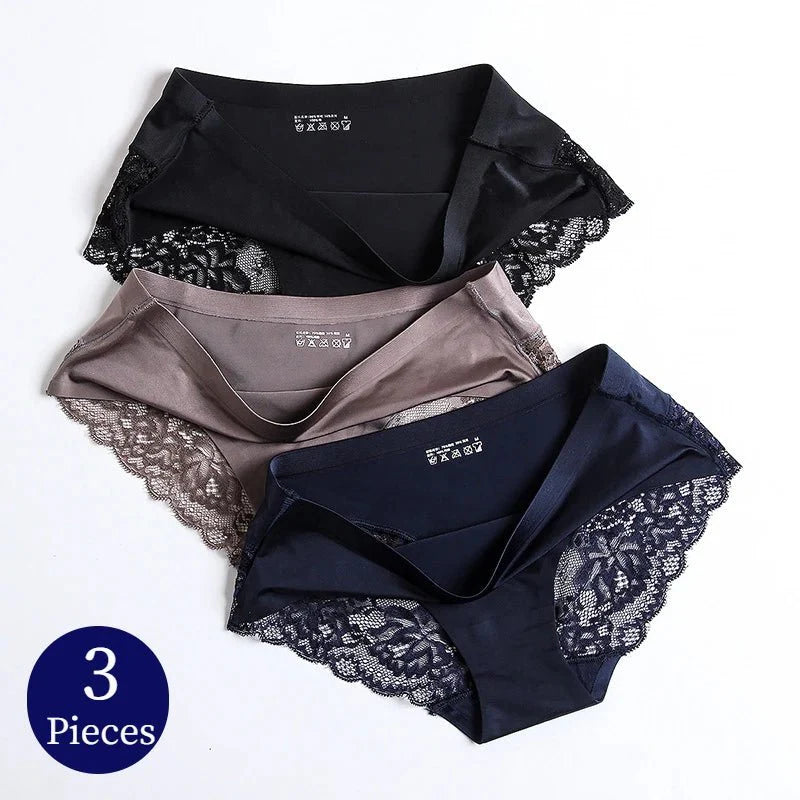 WHPC 3PCS/Set Lace Women's Panties Big Size 4XL Soft Cozy Underwear Female Silk Satin Briefs Breathable Underpants Sexy Lingerie [UND] - Bottoms by WarmSteps Lingerie Store | Available at Handbags Specialist Headquarter