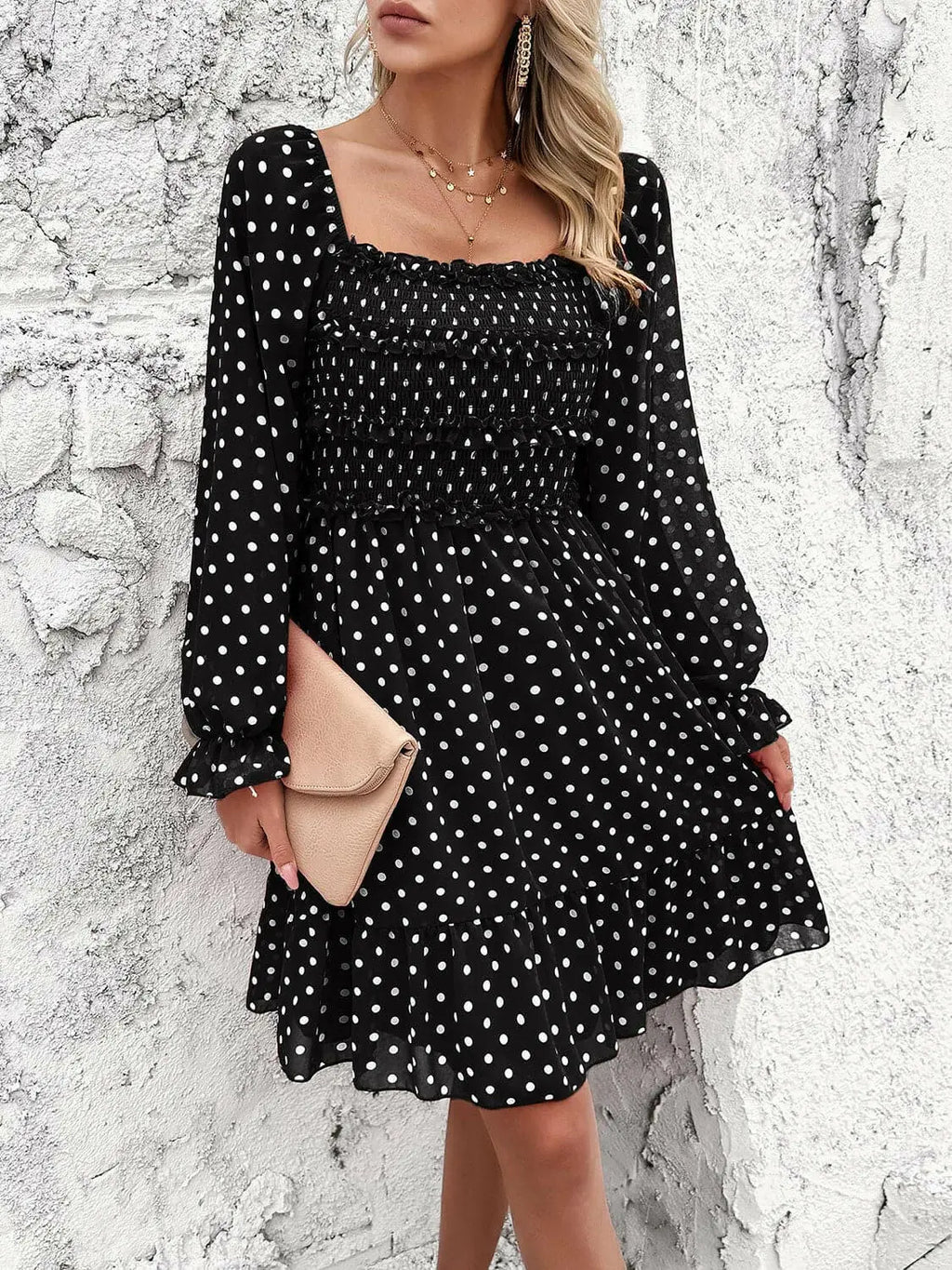 Smocked Polka Dot Long Sleeve Dress - Dresses by Trendsi | Available at Handbags Specialist Headquarter