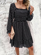 Smocked Polka Dot Long Sleeve Dress - Dresses by Trendsi | Available at Handbags Specialist Headquarter