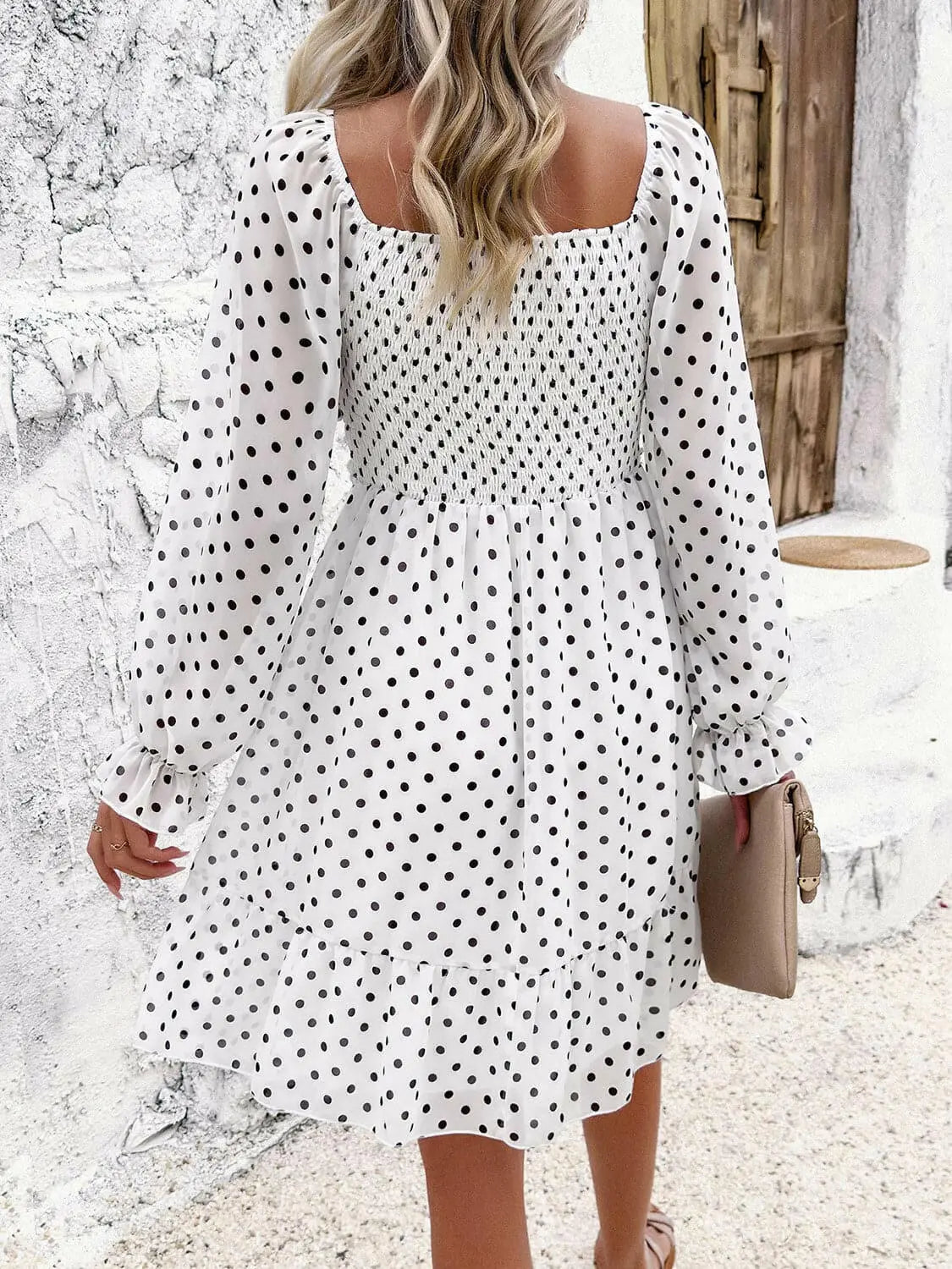 Smocked Polka Dot Long Sleeve Dress - Dresses by Trendsi | Available at Handbags Specialist Headquarter