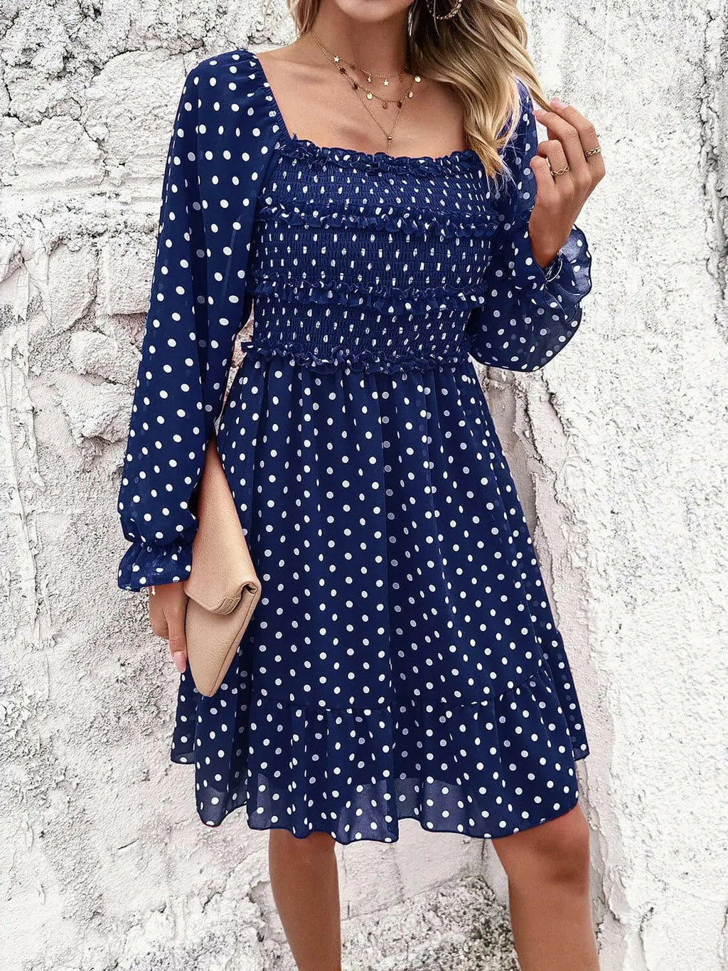 Smocked Polka Dot Long Sleeve Dress - Dresses by Trendsi | Available at Handbags Specialist Headquarter