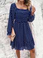 Smocked Polka Dot Long Sleeve Dress - Dresses by Trendsi | Available at Handbags Specialist Headquarter