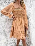 Smocked Polka Dot Long Sleeve Dress - Dresses by Trendsi | Available at Handbags Specialist Headquarter