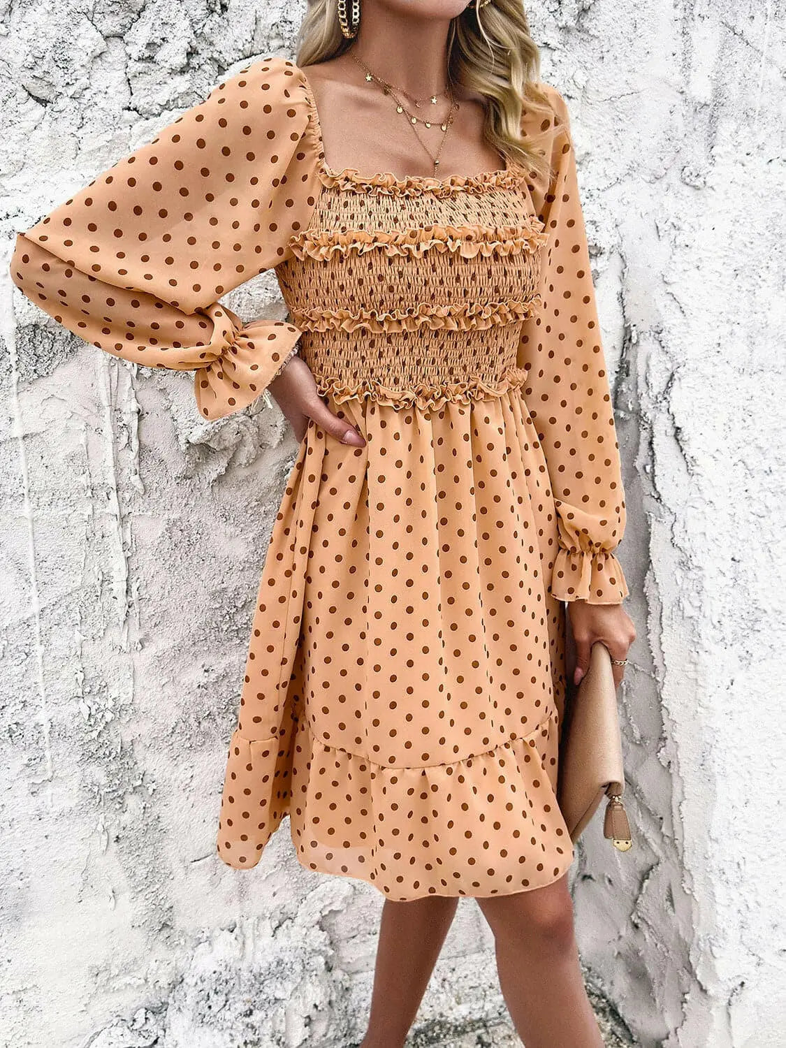 Smocked Polka Dot Long Sleeve Dress - Dresses by Trendsi | Available at Handbags Specialist Headquarter